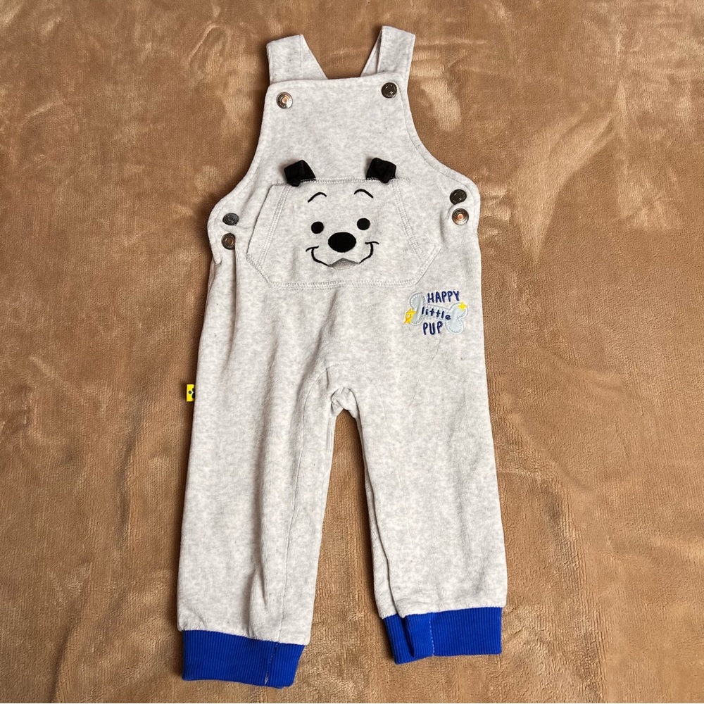 DISNEY Grey and Blue Soft Puppy Baby Snap Button Overalls - Size 12 to 18M